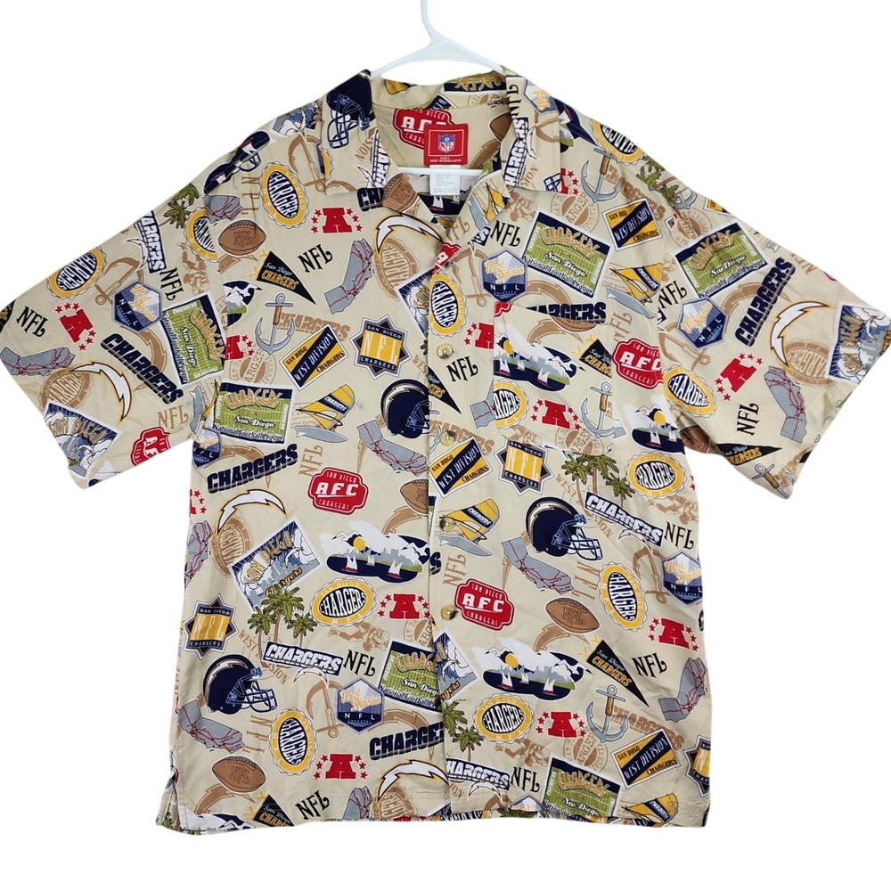 NFL San Diego Chargers AOP Shirt Mens Large Tan Vintage Style Rayon Button Down‎
